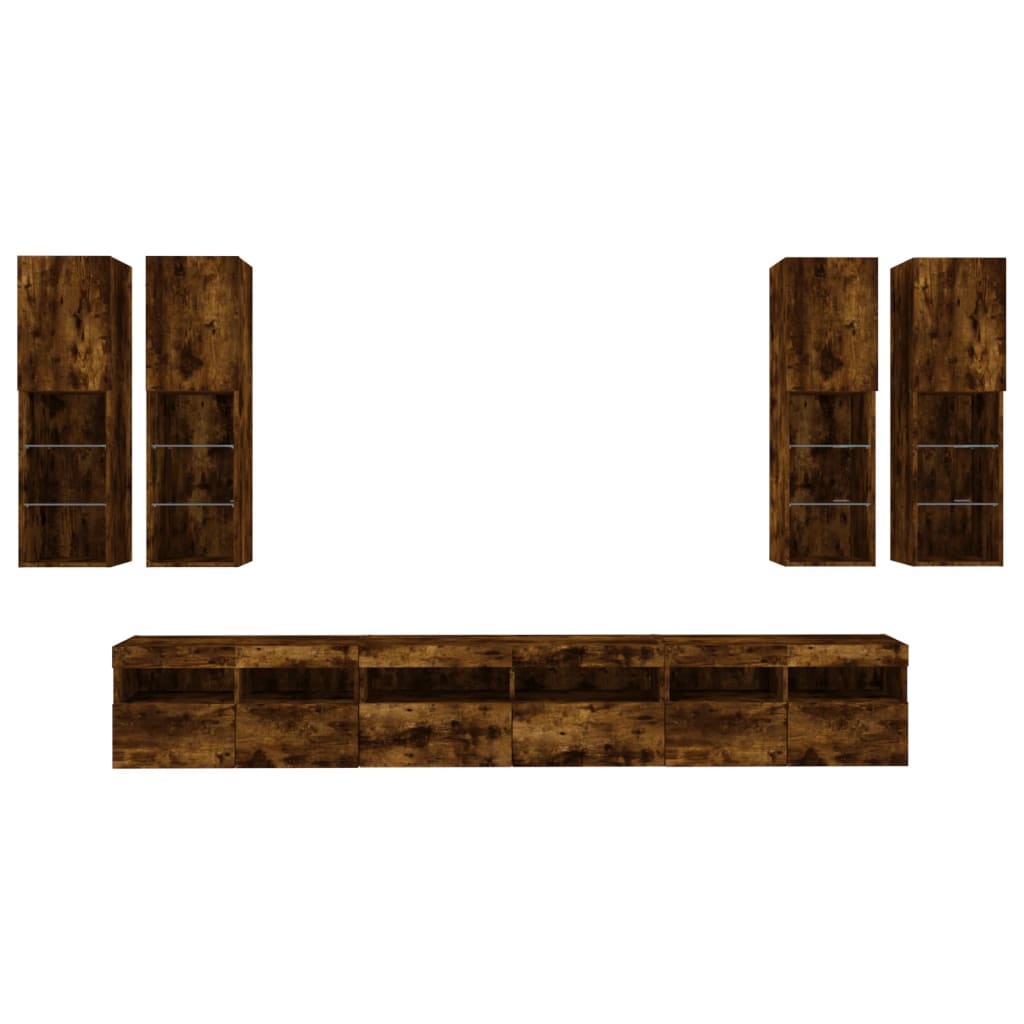 7 Piece TV Wall Cabinet Set with LED Lights Smoked Oak