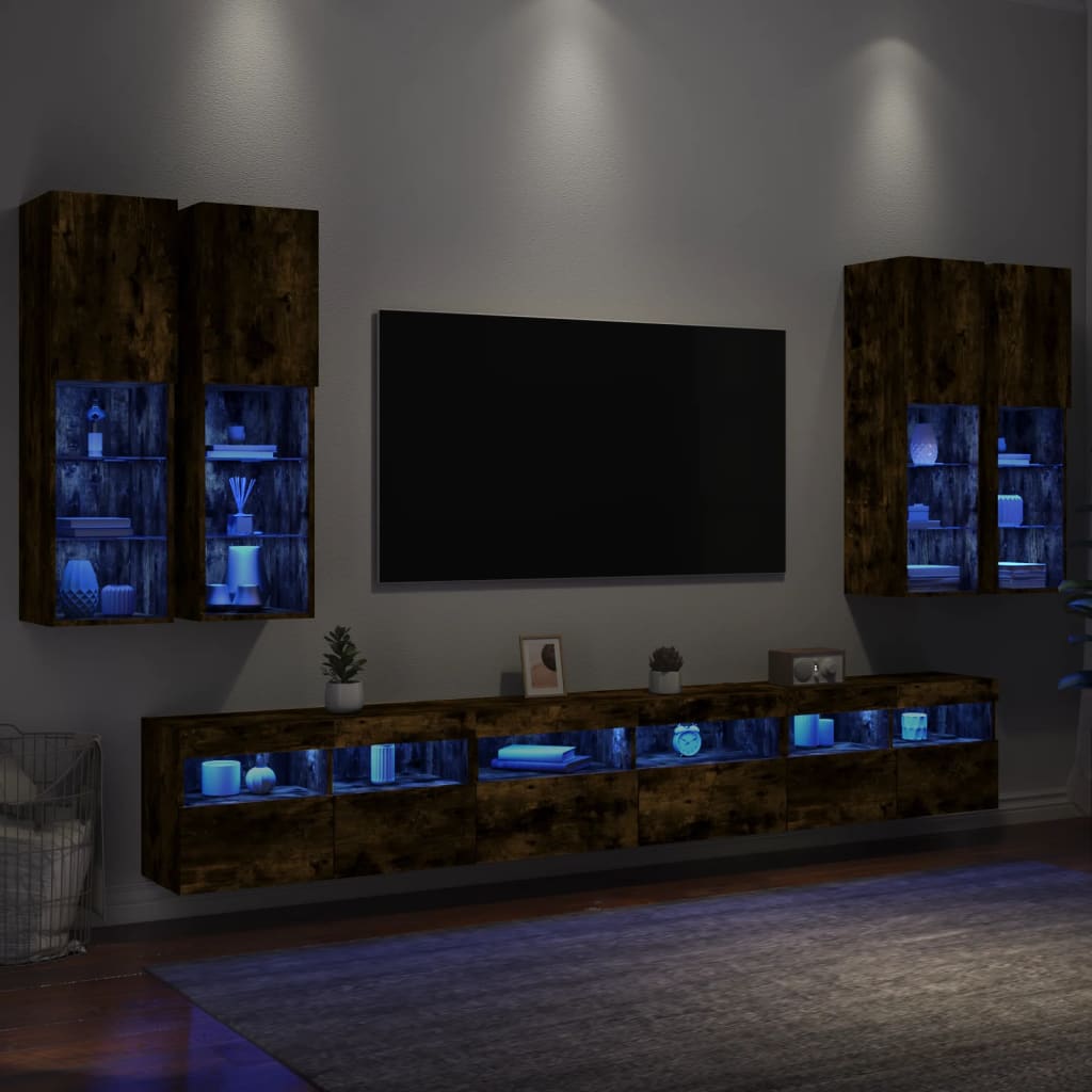 7 Piece TV Wall Cabinet Set with LED Lights Smoked Oak