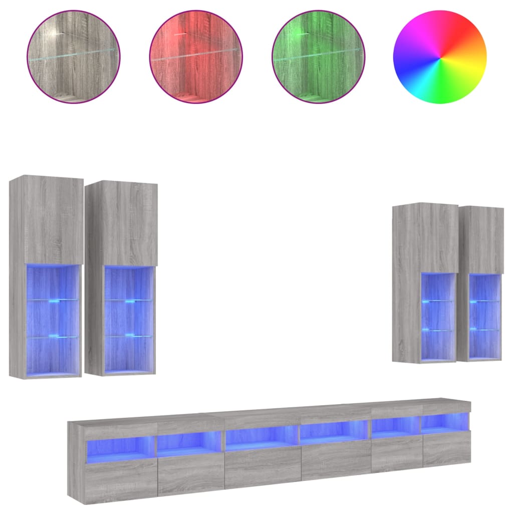 7 Piece TV Wall Cabinet Set with LED Lights Grey Sonoma