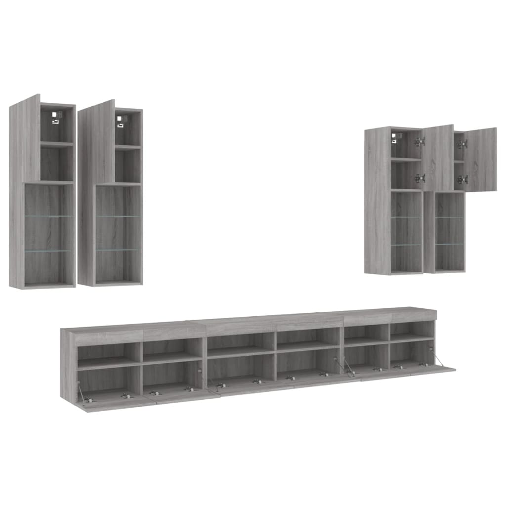 7 Piece TV Wall Cabinet Set with LED Lights Grey Sonoma