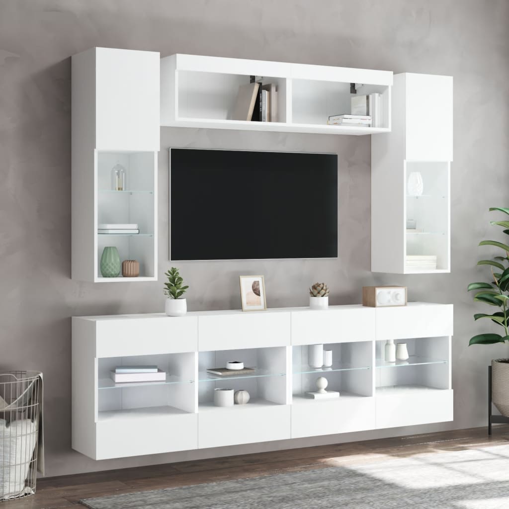 6 Piece TV Wall Cabinet Set with LED Lights White