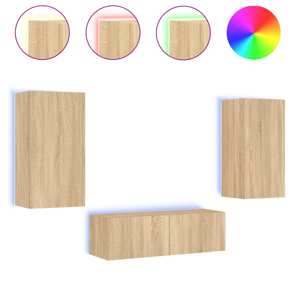 3 Piece TV Wall Cabinets with LED Lights Sonoma Oak