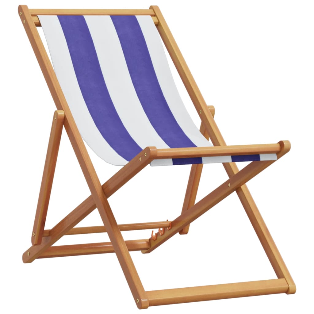 vidaXL Folding Beach Chair Blue and White Solid Wood Eucalyptus and Fabric