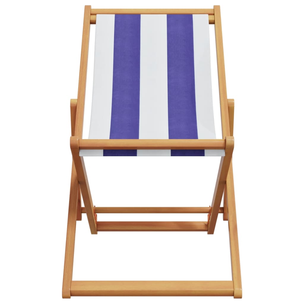vidaXL Folding Beach Chair Blue and White Solid Wood Eucalyptus and Fabric