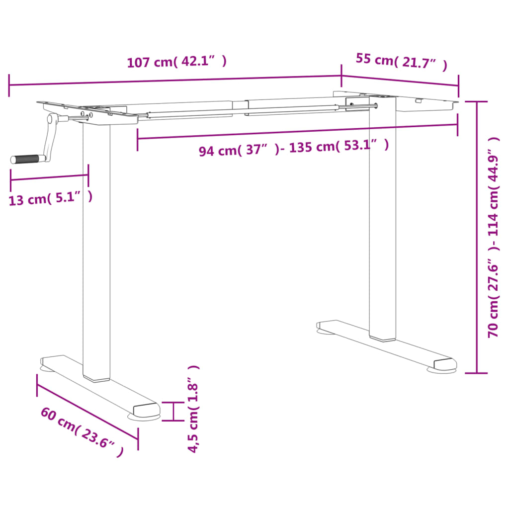 vidaXL Standing Desk Frame White (94-135)x60x(70-114) cm Steel