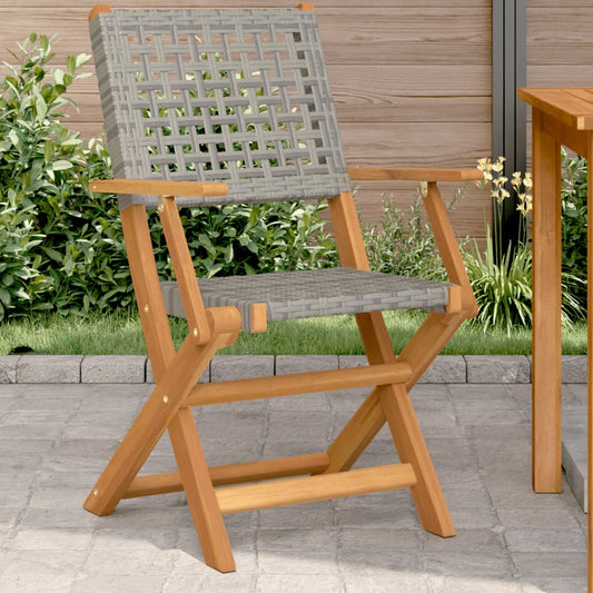 Folding Chairs 2 pcs Grey Solid Wood Acacia and Poly Rattan