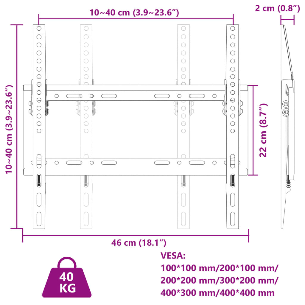 vidaXL TV Wall Mount for 26-63 Inch Screen Max VESA 400x400 mm 40kg