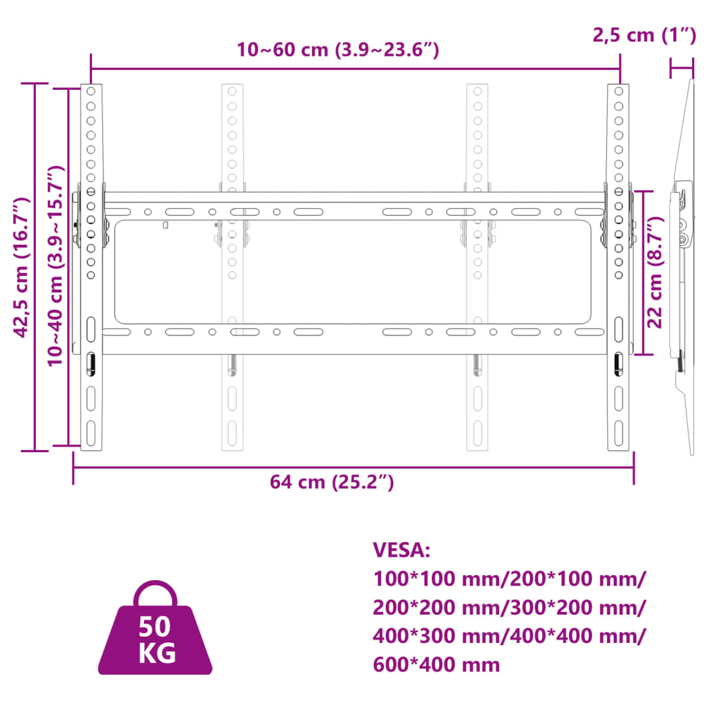 vidaXL TV Wall Mount for 26-63 Inch Screen Max VESA 600x400 mm 50kg