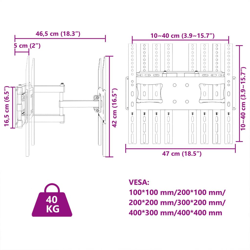 vidaXL TV Wall Mount for 26-70 Inch Screen Max VESA 400x400 mm 40kg