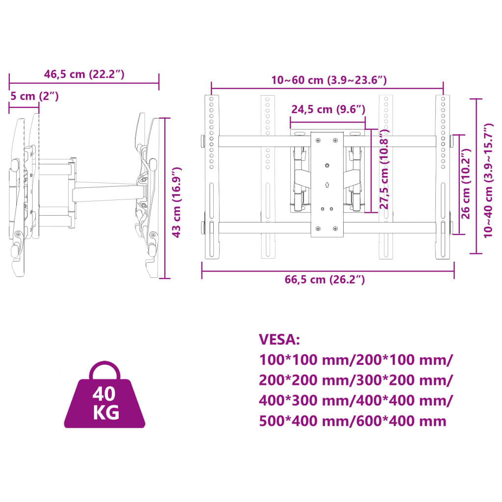 vidaXL TV Wall Mount for 37-80 Inch Screen Max VESA 600x400 mm 40kg