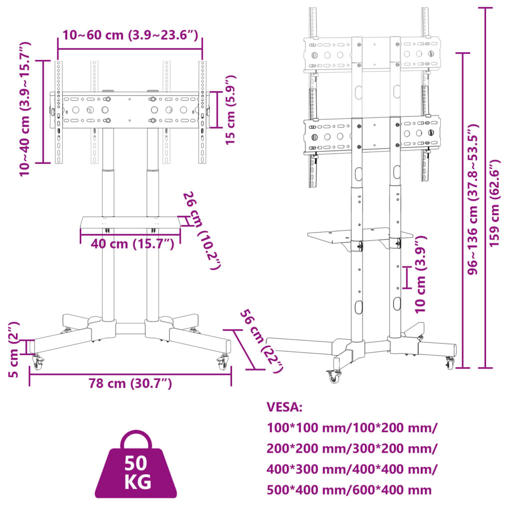 vidaXL TV Stand on Wheels 32-70 Inch Screen Max VESA 600x400 mm 50kg