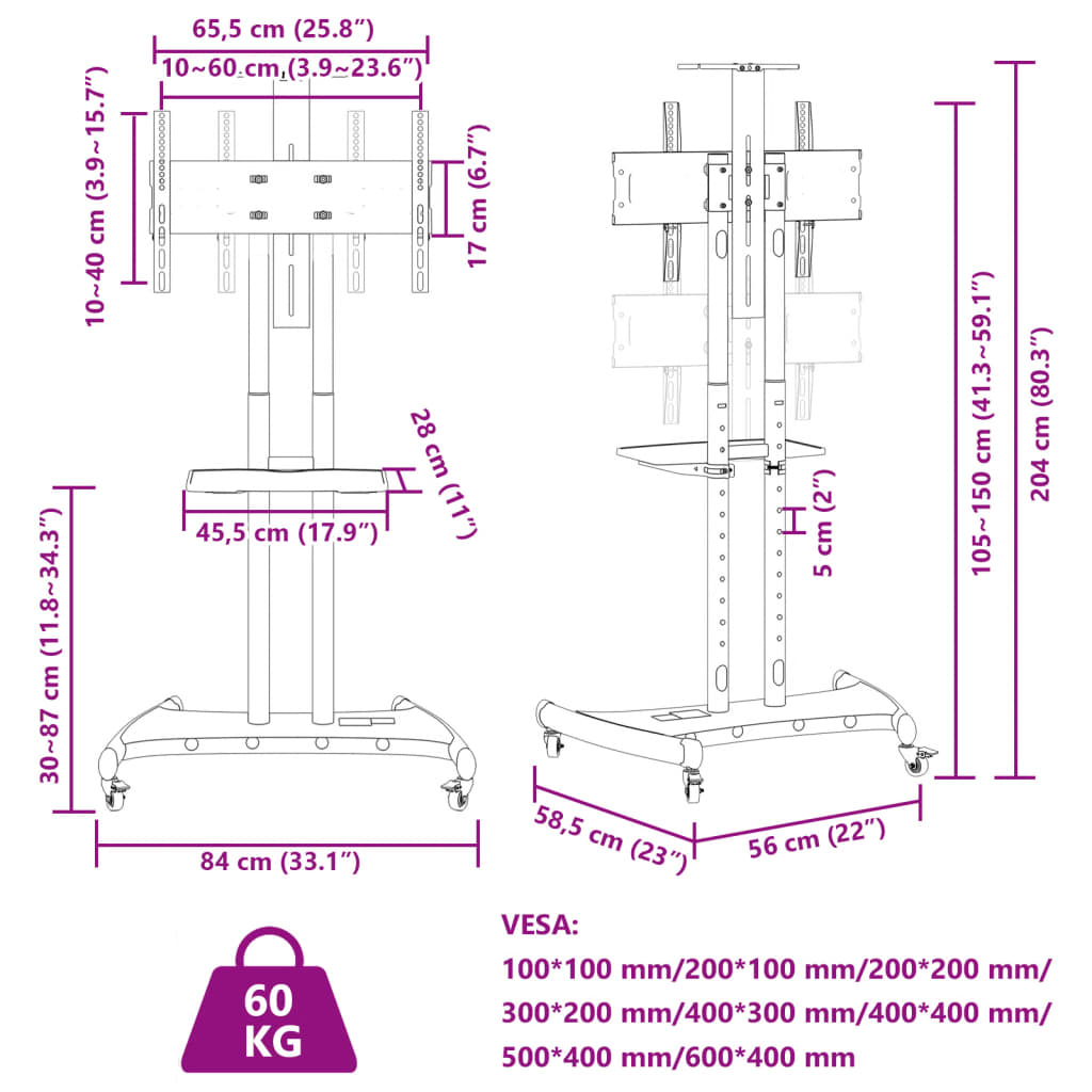 vidaXL TV Stand on Wheels 32-70 Inch Screen Max VESA 600x400 mm 60kg