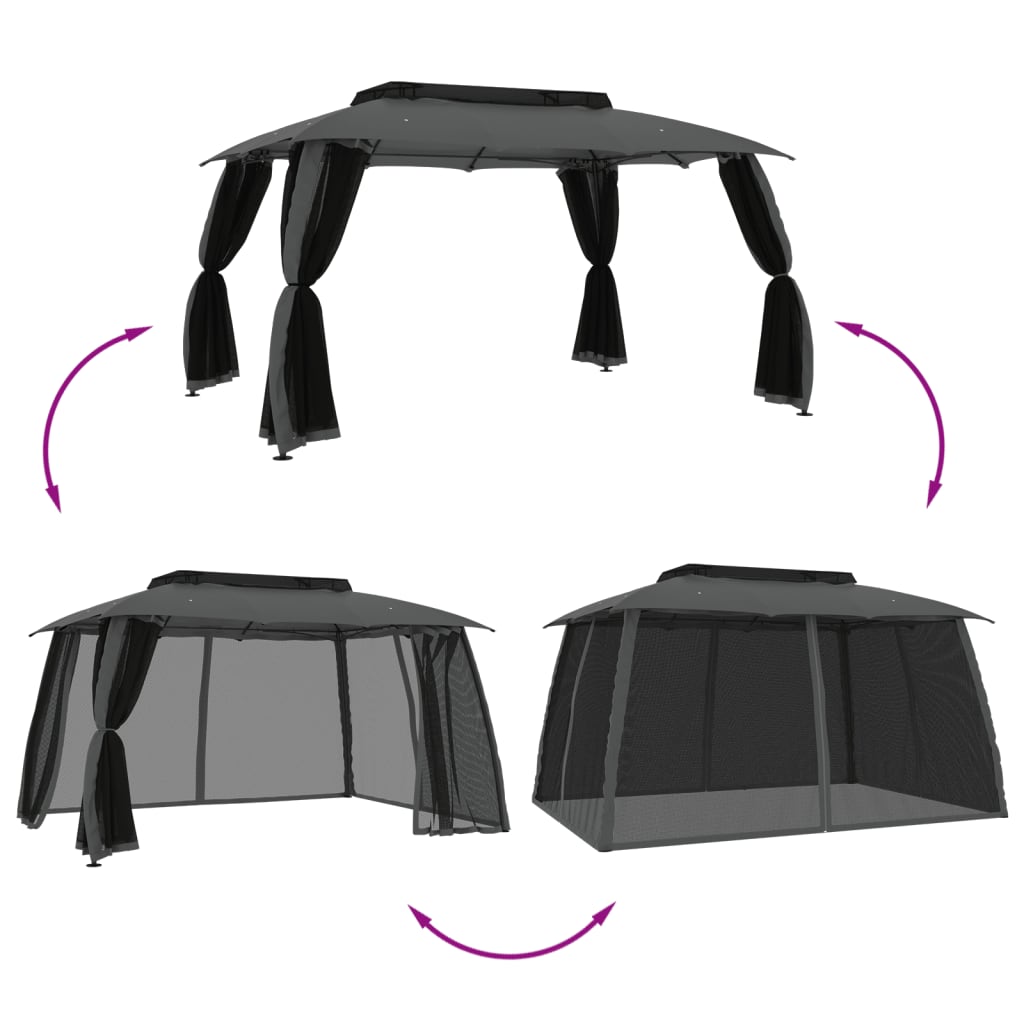 vidaXL Gazebo with Double Roof and Mesh Walls Anthracite 3.93x2.93 m Steel