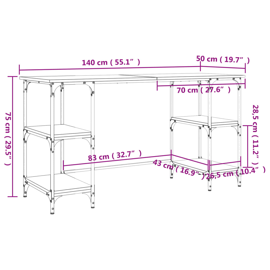 vidaXL Desk Smoked Oak 140x50x75 cm Metal and Engineered Wood