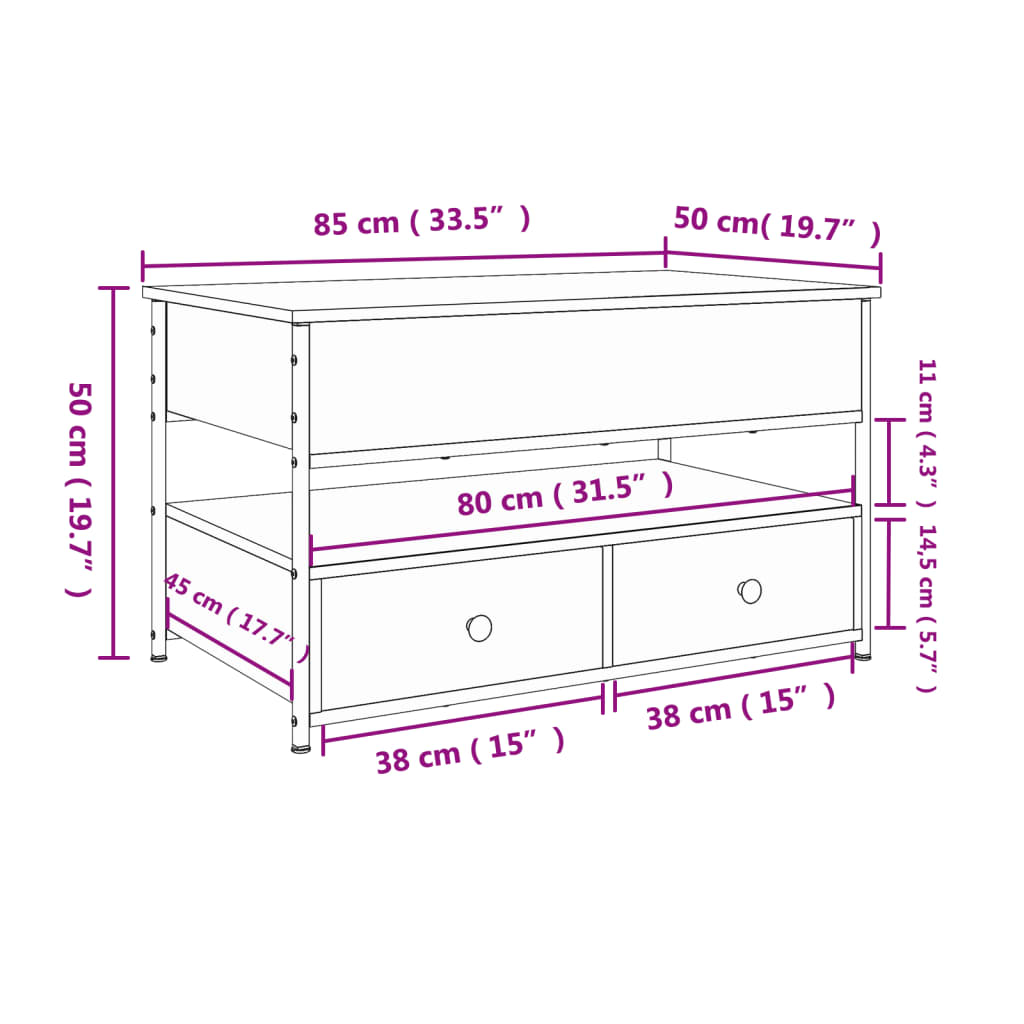 vidaXL Coffee Table Smoked Oak 85x50x50 cm Engineered Wood and Metal