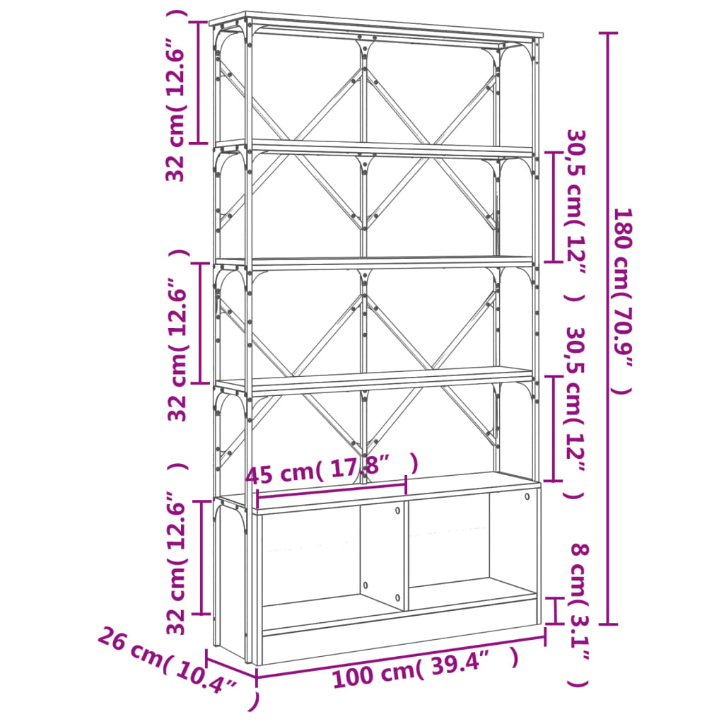 vidaXL Bookcase Sonoma Oak 100x26x180 cm Engineered Wood and Metal