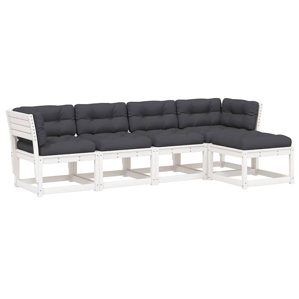 5 Piece Garden Sofa Set with Cushions White Solid Wood Pine