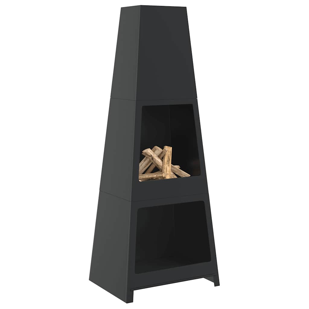 Outdoor Fireplace with Log Store Tower Design Black Steel