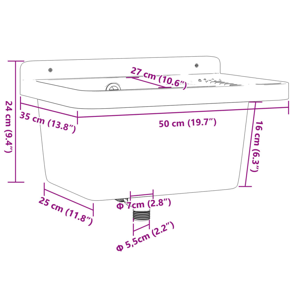 vidaXL Sink Washbasin for Wall Mounting White 50x35x24 cm Resin