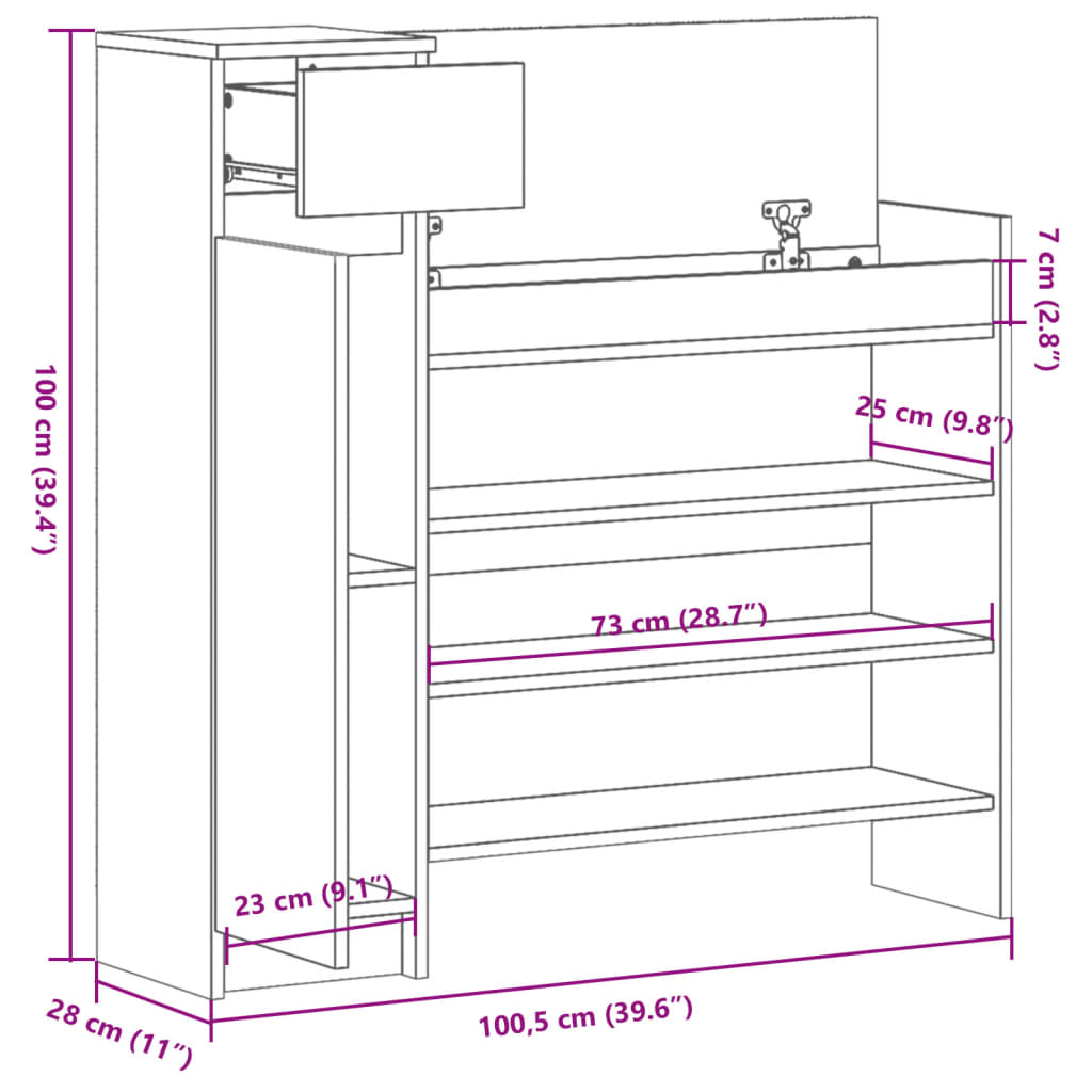 vidaXL Shoe Cabinet Concrete Grey 100.5x28x100 cm Engineered Wood