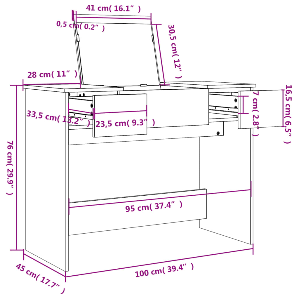 vidaXL Dressing Table with Mirror Sonoma Oak 100x45x76 cm