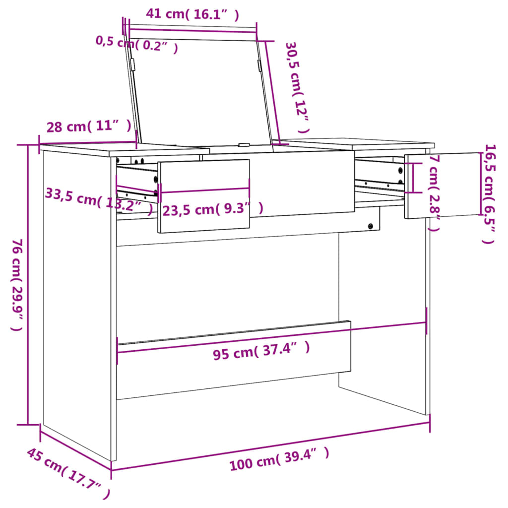 vidaXL Dressing Table with Mirror Grey Sonoma 100x45x76 cm