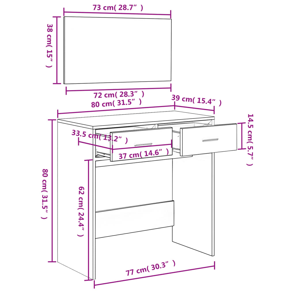 vidaXL Dressing Table with Mirror Sonoma Oak 80x39x80 cm