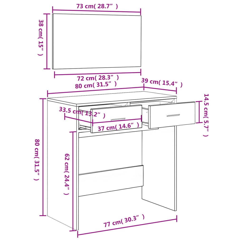 vidaXL Dressing Table with Mirror Concrete Grey 80x39x80 cm