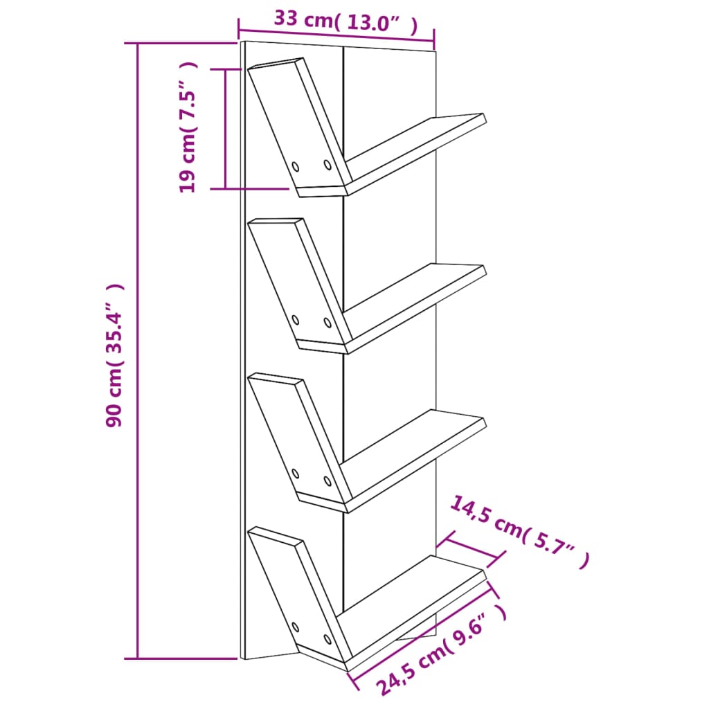 vidaXL Wall Bookshelf 4-Tier Sonoma Oak 33x16x90 cm