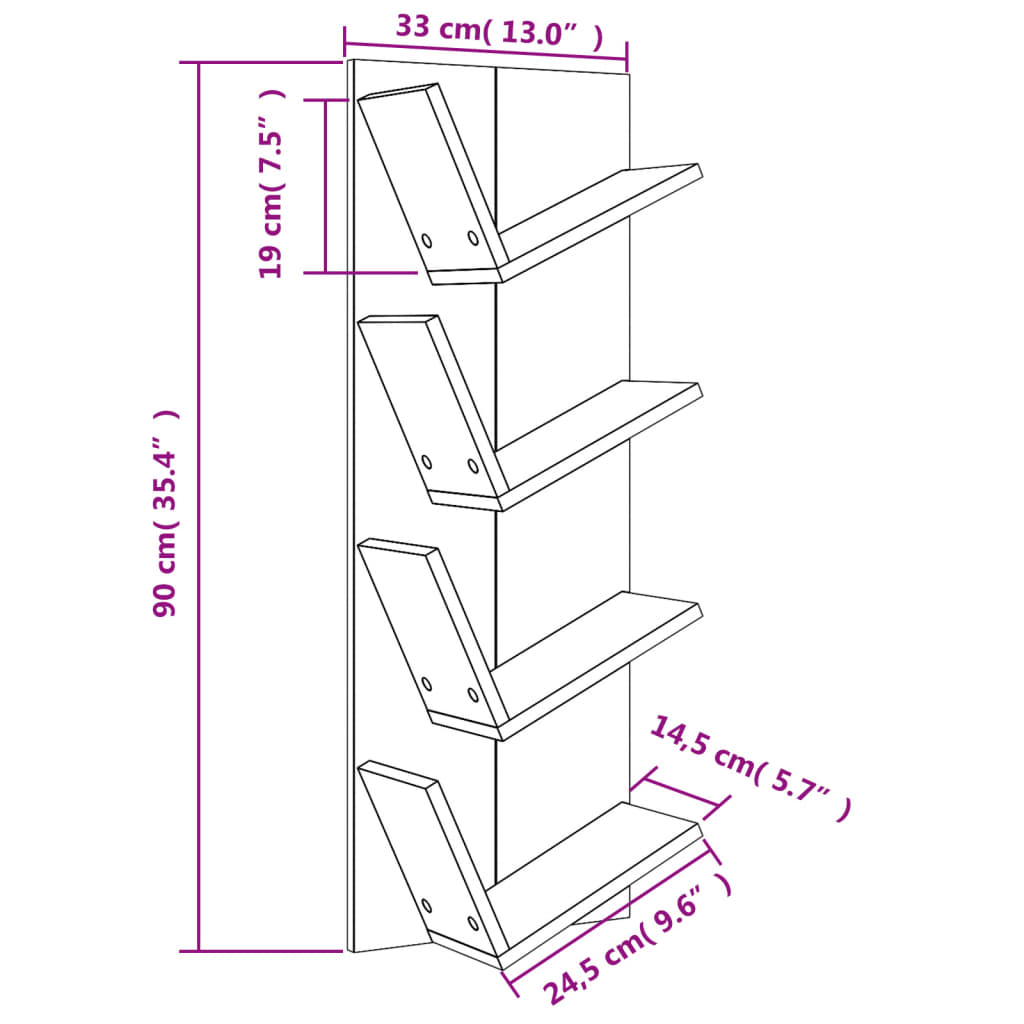 vidaXL Wall Bookshelf 4-Tier Smoked Oak 33x16x90 cm