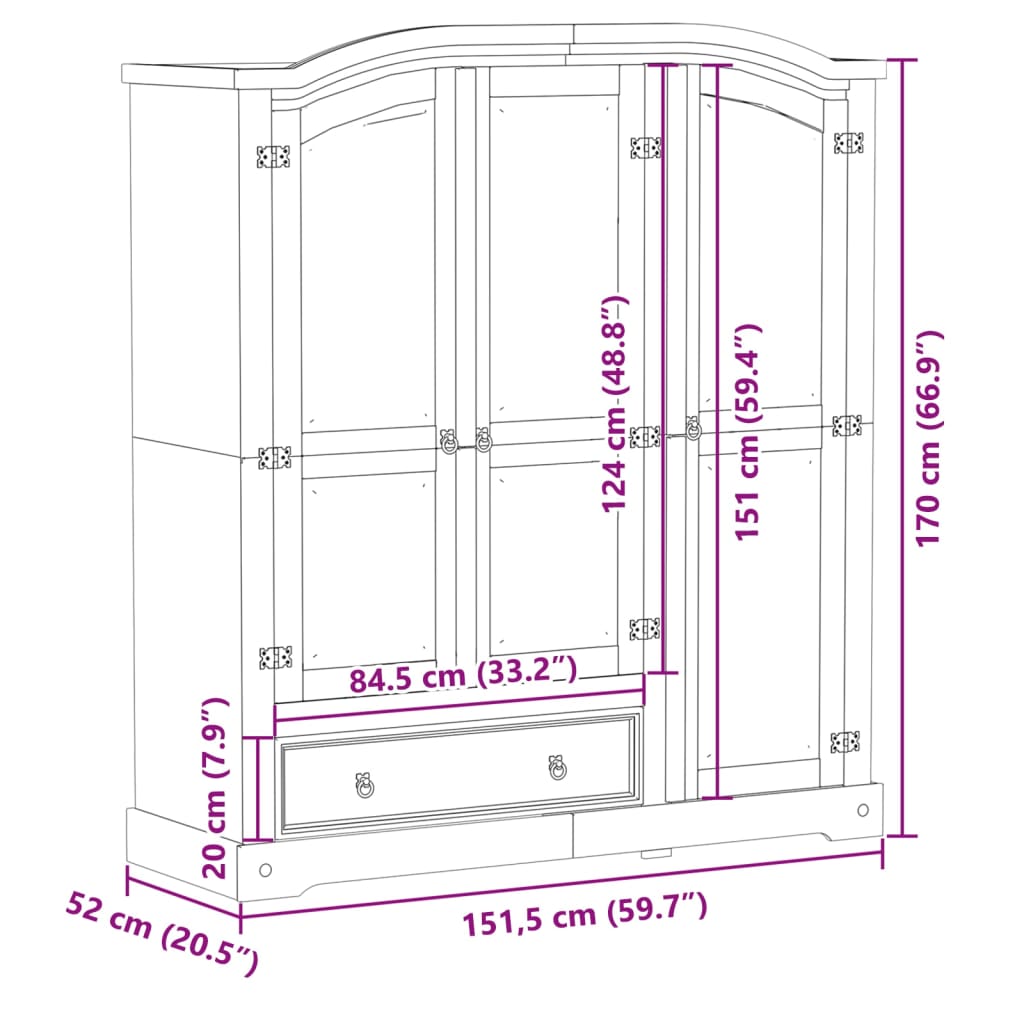 vidaXL Wardrobe Corona 151.5x52x170 cm Solid Wood Pine