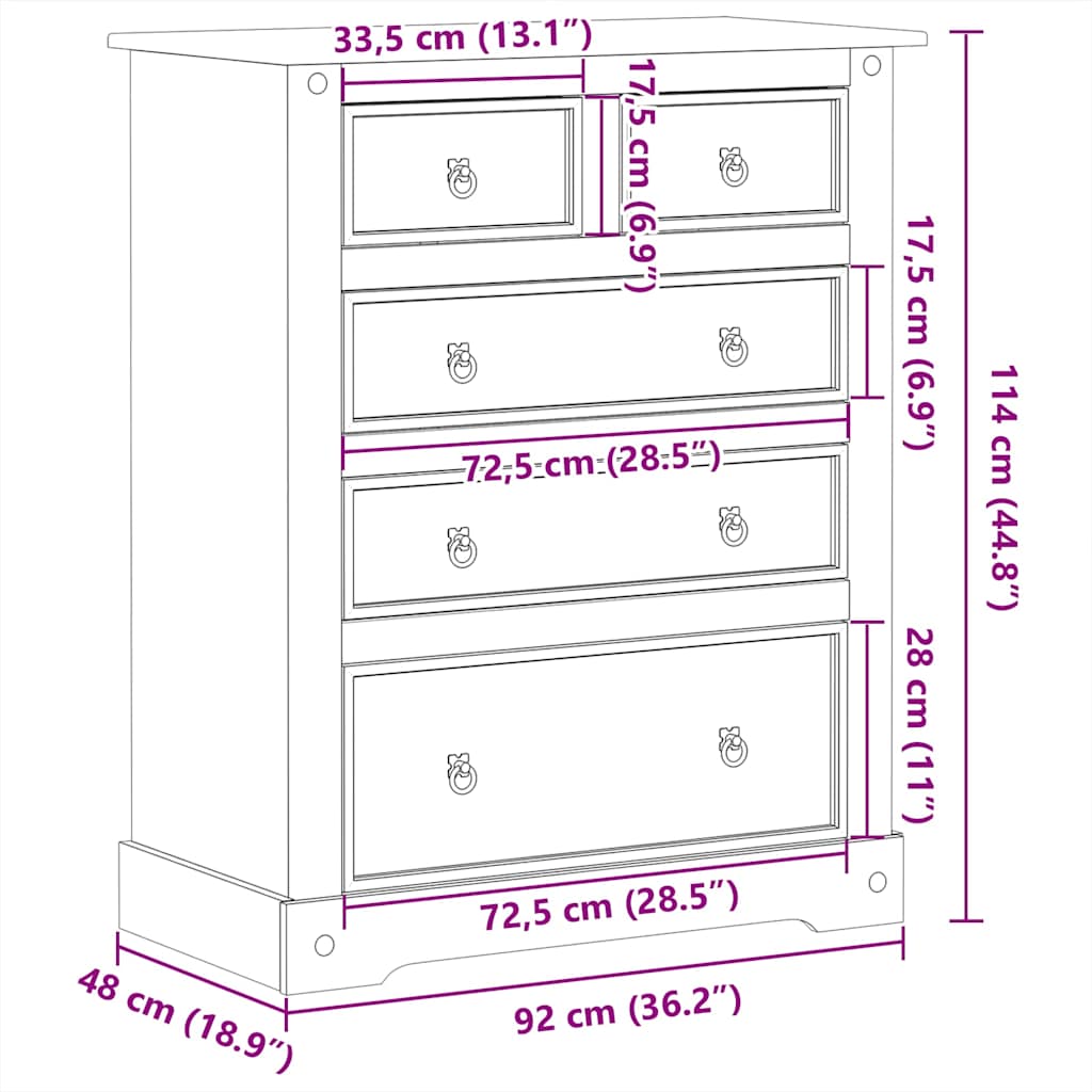 Chest of Drawers "Corona" 92x48x114 cm Solid Wood Pine