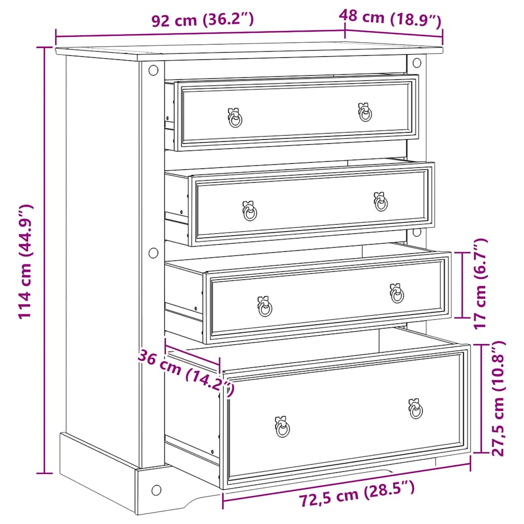 Chest of Drawers "Corona" 92x48x114 cm Solid Wood Pine