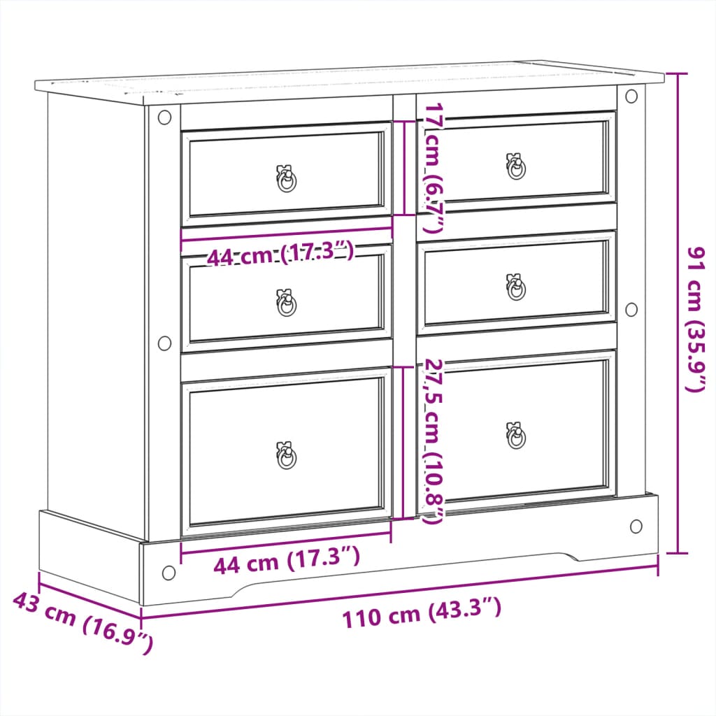 Chest of Drawers "Corona" 110x43x91 cm Solid Wood Pine
