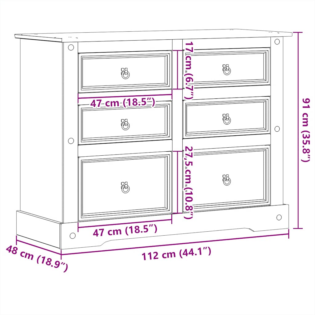 Chest of Drawers "Corona" 112x48x91 cm Solid Wood Pine