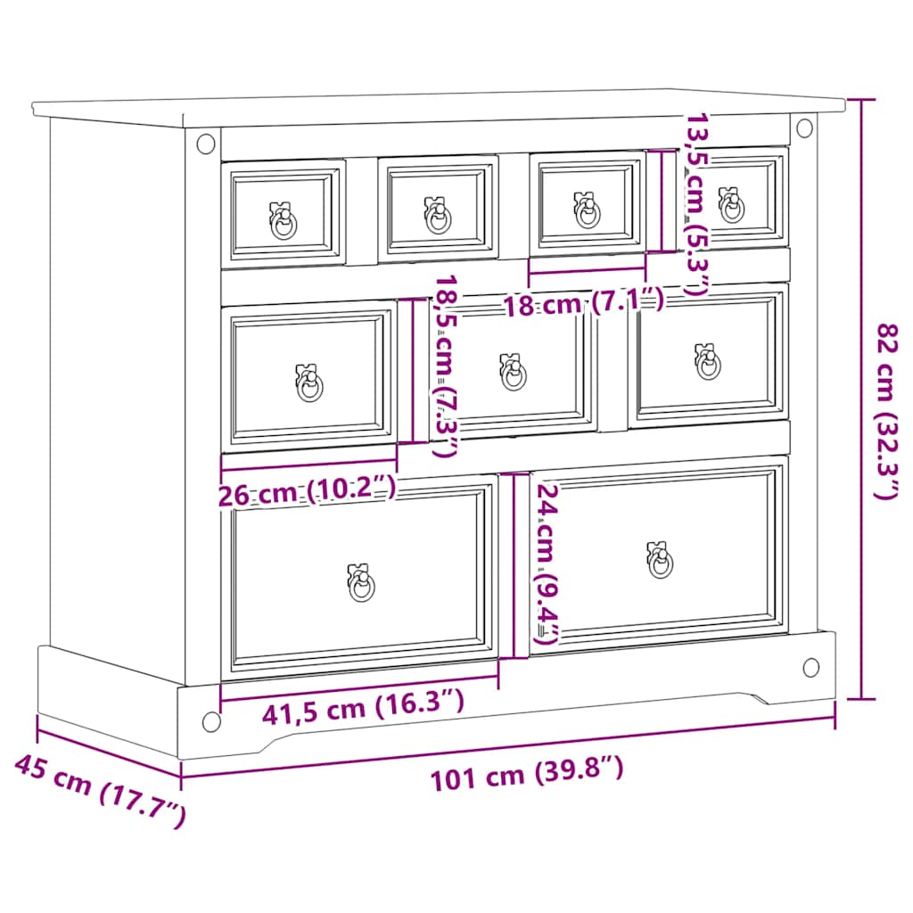 Chest of Drawers "Corona" 101x45x82 cm Solid Wood Pine