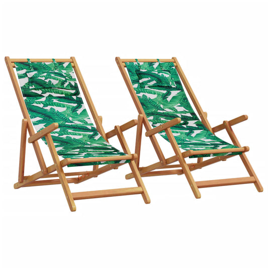 Folding Chairs 2 pcs Leaf Pattern Fabric and Solid Wood