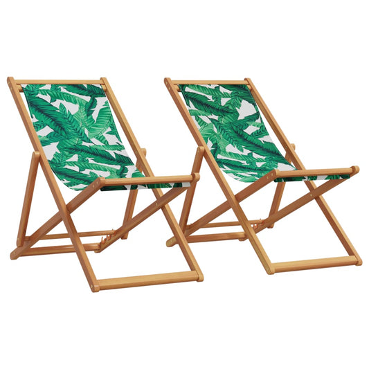 Folding Chairs 2 pcs Leaf Pattern Fabric and Solid Wood