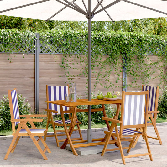 Reclining Folding Chairs 4 pcs Blue and White Fabric and Solid Wood