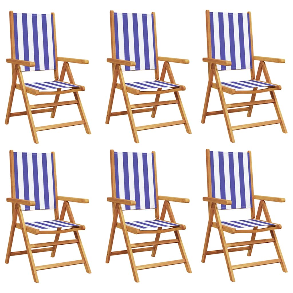 Reclining Folding Chairs 6 pcs Blue and White Fabric&Solid Wood