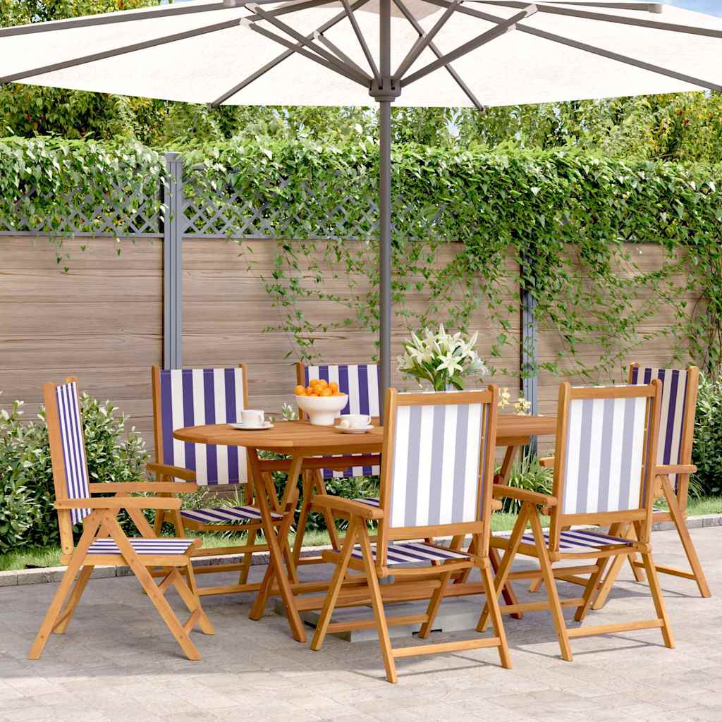 Reclining Folding Chairs 6 pcs Blue and White Fabric&Solid Wood
