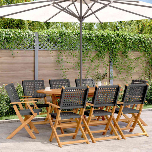 Folding Chairs 8 pcs Black Poly Rattan and Solid Wood