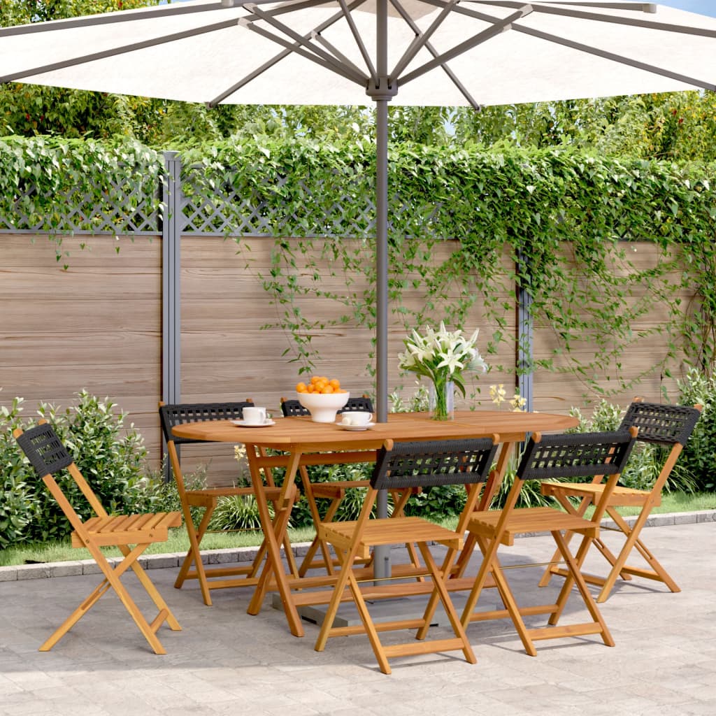 Garden Chair | Set of 6 | Black | Solid Acacia wood, Poly Rattan | Medium
