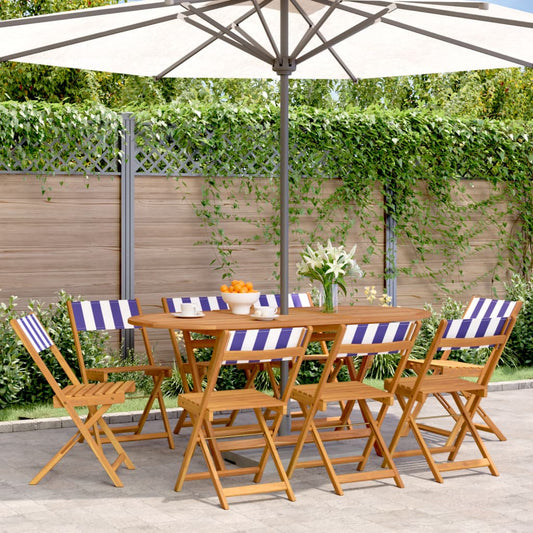 Folding Chairs 8 pcs Blue and White Fabric and Solid Wood