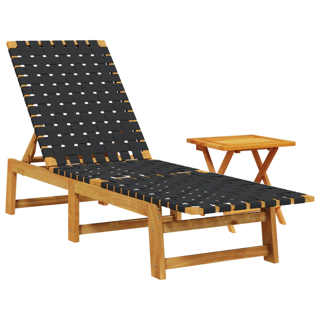 vidaXL Sun Lounger with Table Black Solid Wood Acacia and Fabric