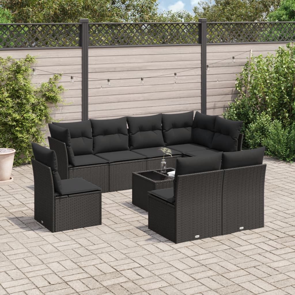 vidaXL 9 Piece Garden Sofa Set with Cushions Black Poly Rattan