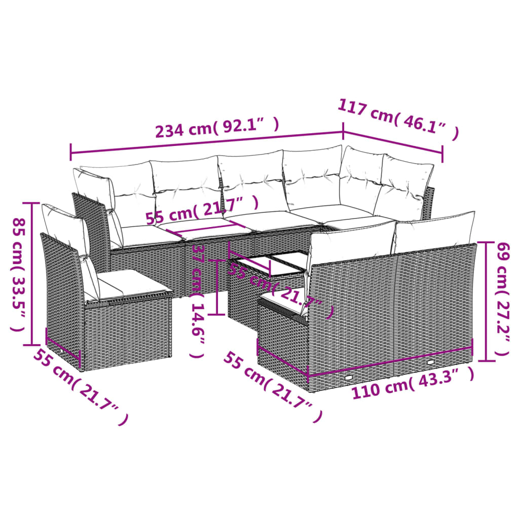 vidaXL 9 Piece Garden Sofa Set with Cushions Brown Poly Rattan