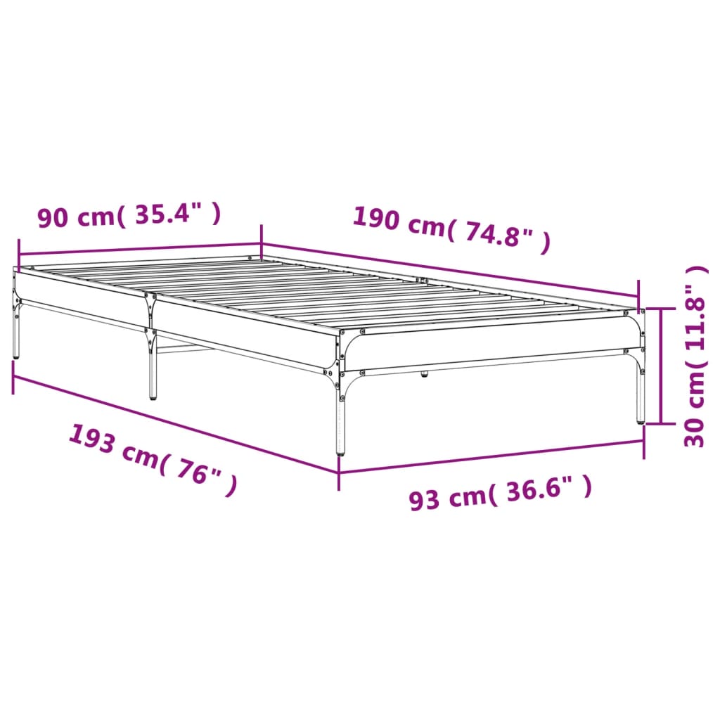 vidaXL Bed Frame without Mattress Grey Sonoma 90x190 cm Single