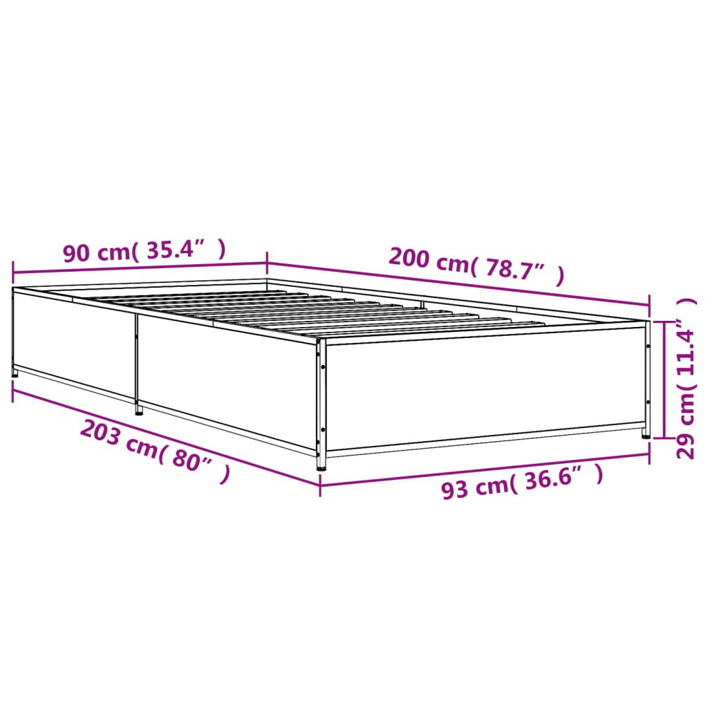 vidaXL Bed Frame without Mattress Grey Sonoma 90x200 cm