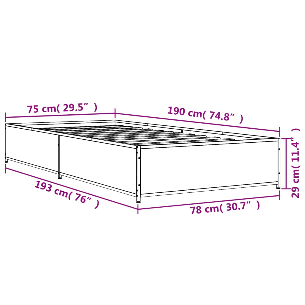 vidaXL Bed Frame without Mattress Grey Sonoma 75x190 cm Small Single